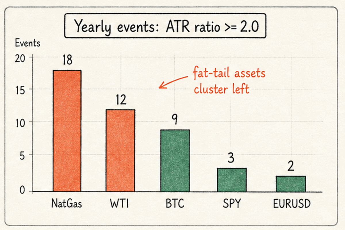 How often ATR spikes past a 2.0 ratio differs sharply by asset