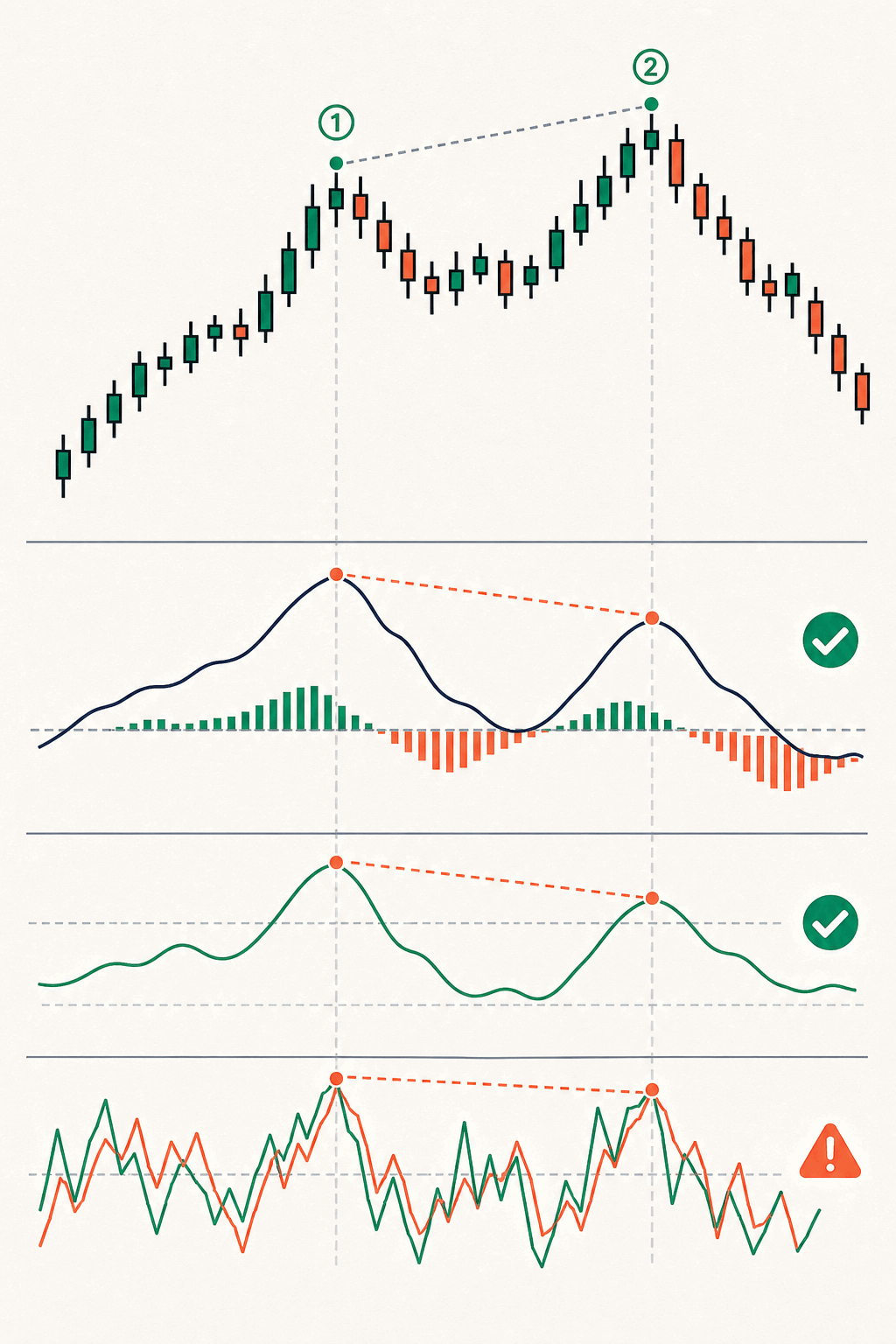 The same divergence carries different reliability across MACD, RSI, and Stochastic