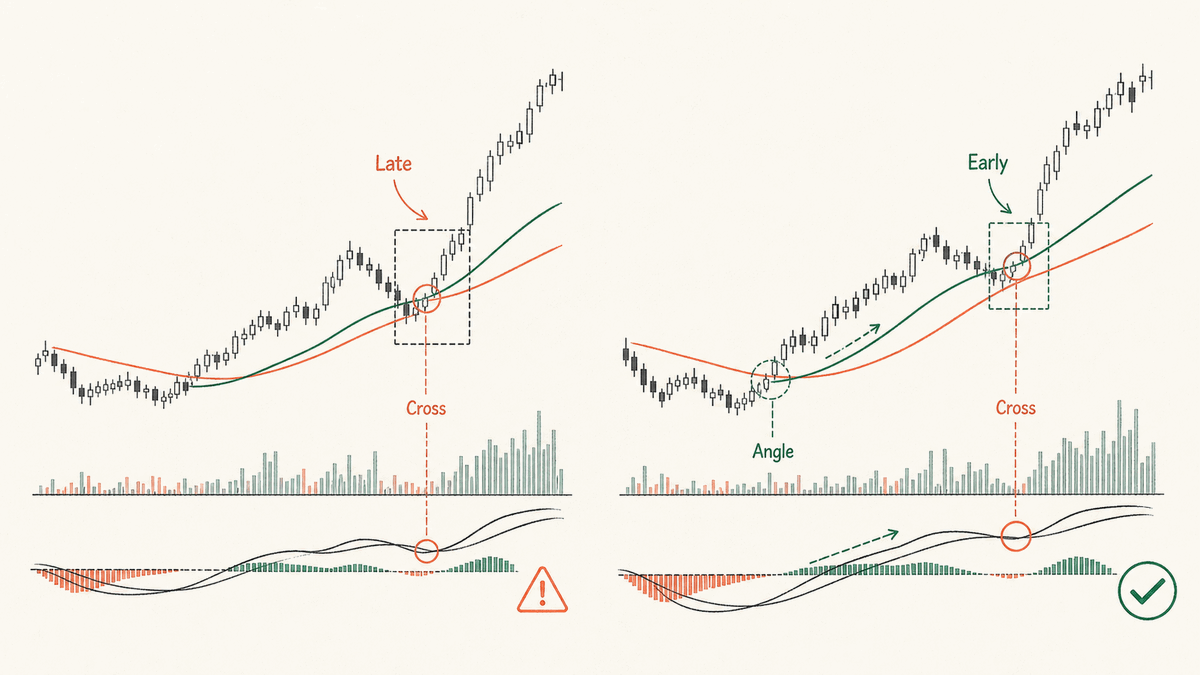 The short EMA's angle bends first, signaling the reversal before the cross prints