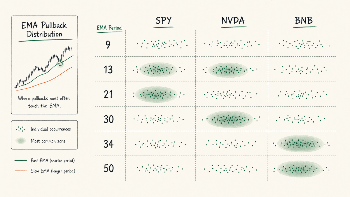 Each asset's pullbacks cluster around a different EMA period