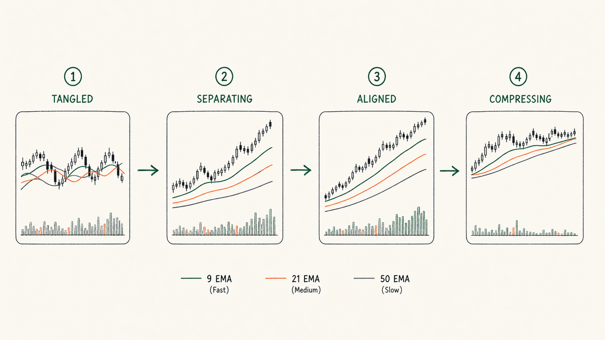 Three EMAs progress through four alignment stages, showing trend maturity