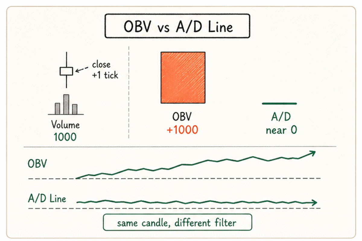 OBV assigns whole-bar volume to one side while the A/D Line splits it by close position