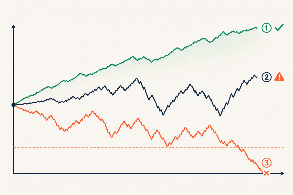With identical edge, bet size alone splits accounts into different survival paths