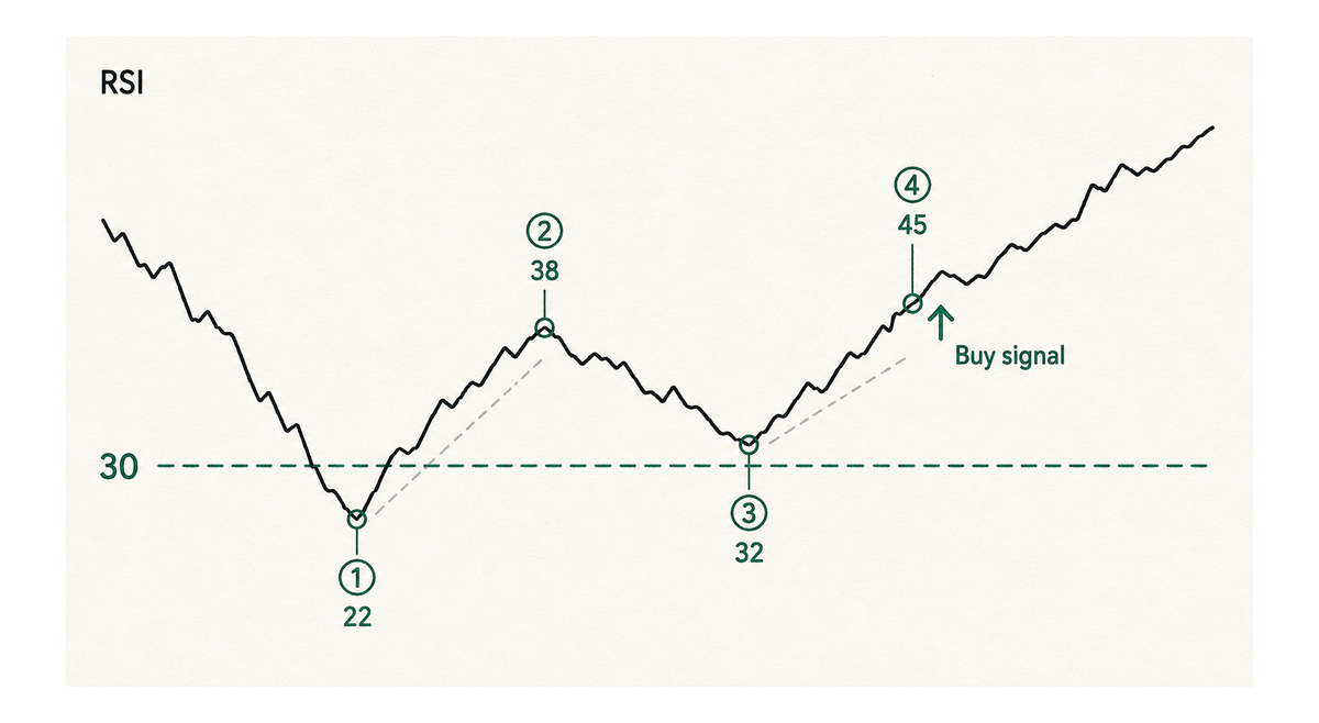Four stages of a failure swing as RSI holds 30 and breaks the prior rebound high