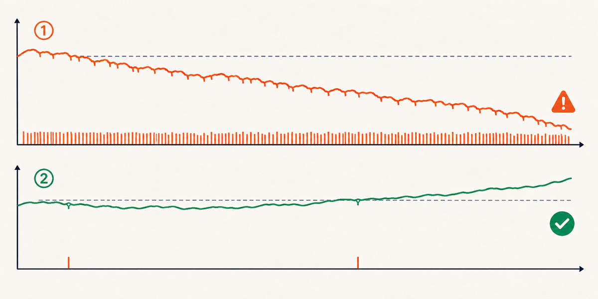 How per-trade cost accumulates with frequency, dragging a high-frequency strategy's equity curve down