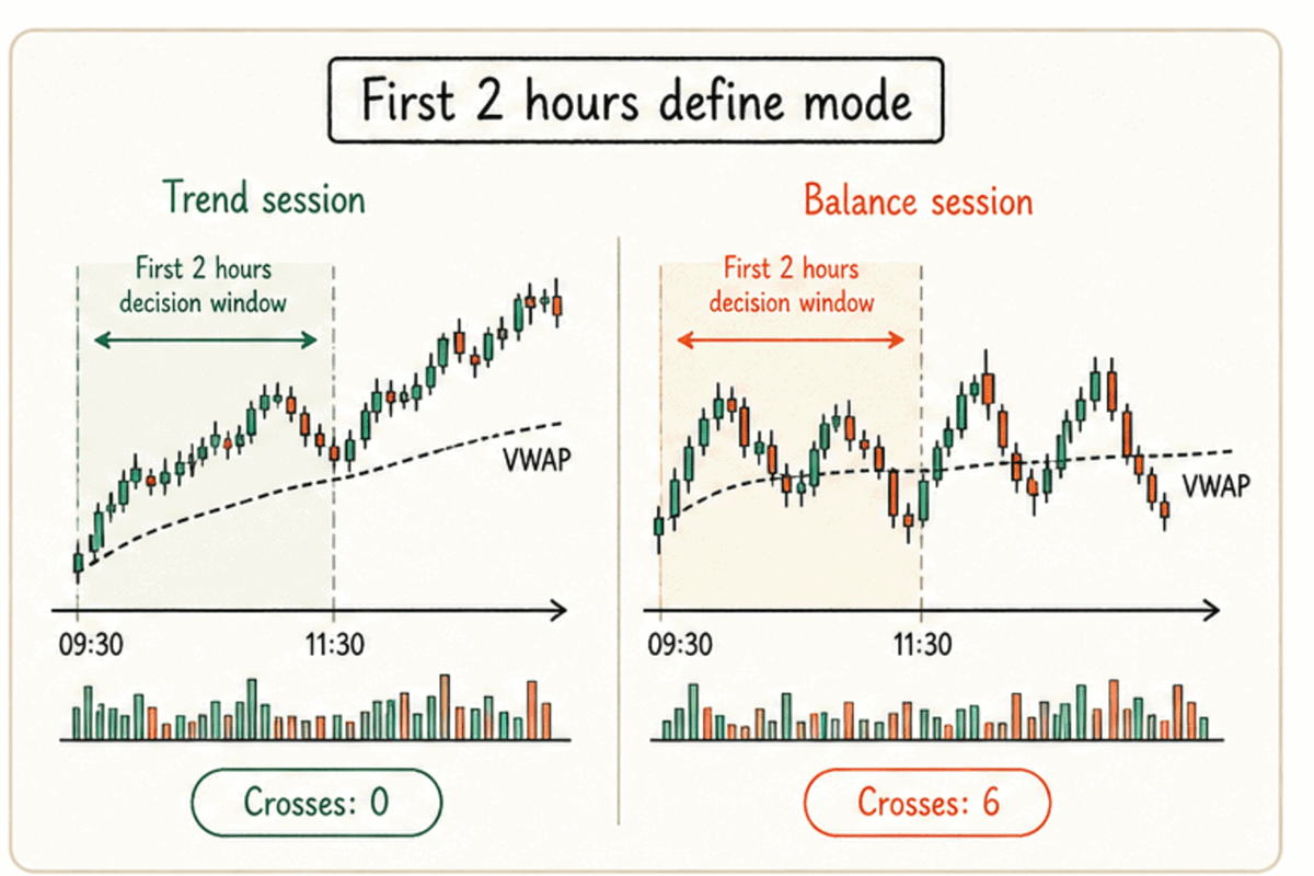 最初の2時間のVWAP交差回数でトレンド型とバランス型を見分ける基準