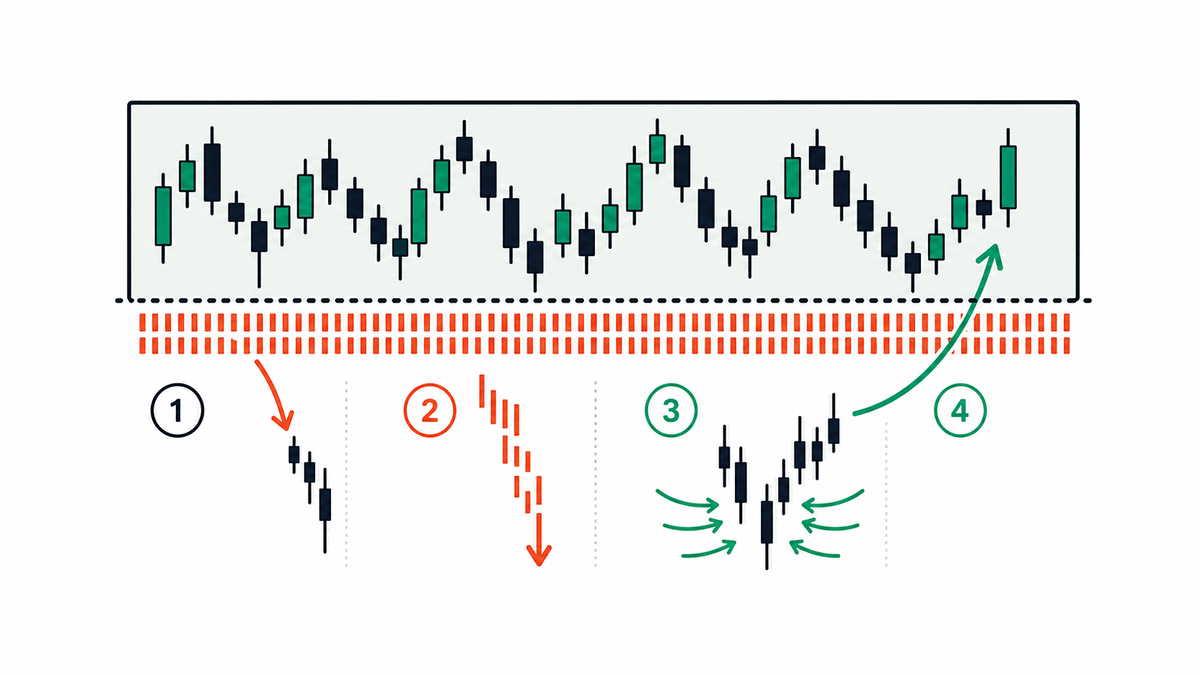An algorithmic Spring: stops below support are swept, absorbed, then price returns to range