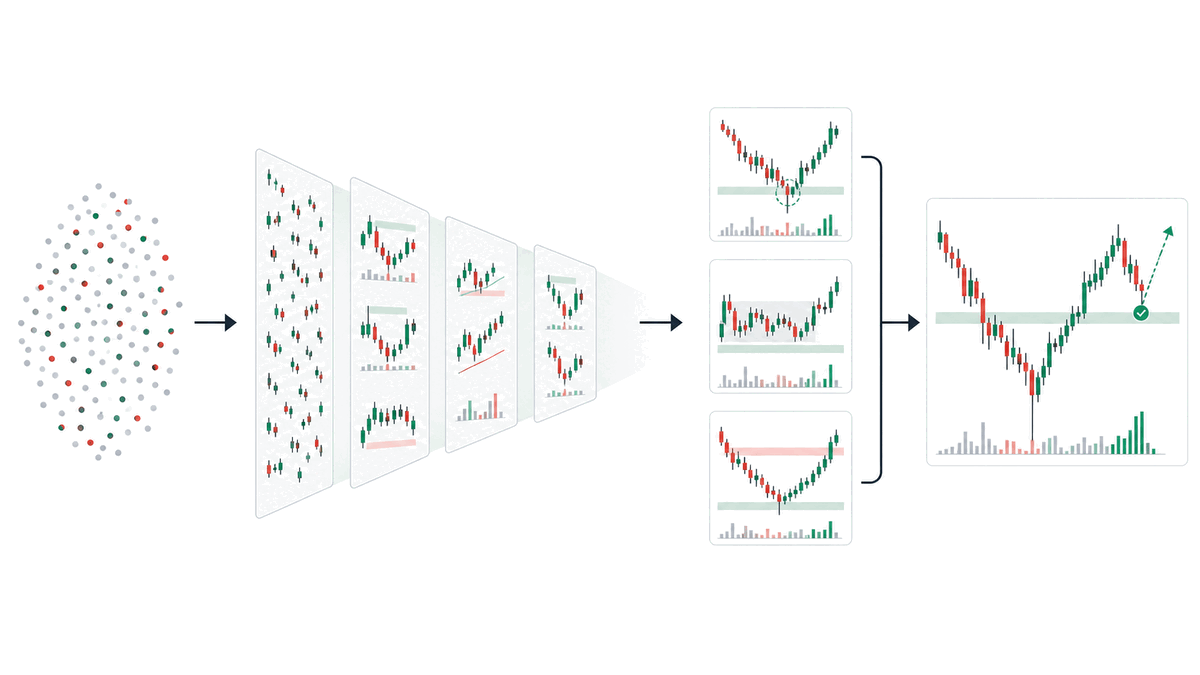 Series-wide workflow: 400 market symbols compressed by scanner filters, with the final judgment left to the trader